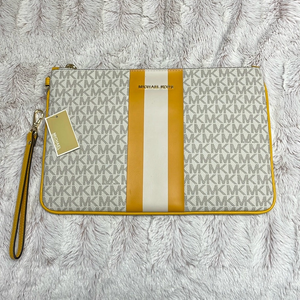 Michael Kors Jet Set Logo Large Wristlet Yellow Stripe Clutch